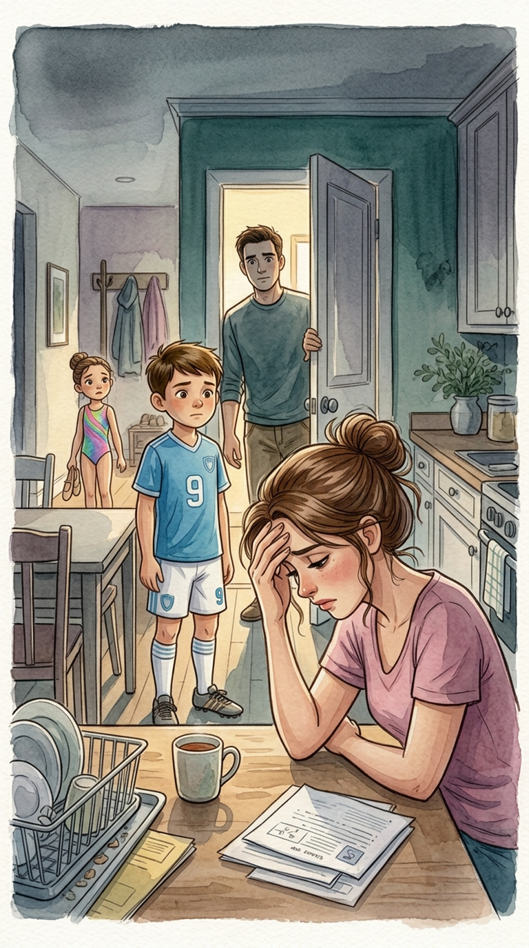 Ilustración interior del libro: una madre agotada apoya la cabeza en la mano en la mesa de la cocina, con la familia detrás.