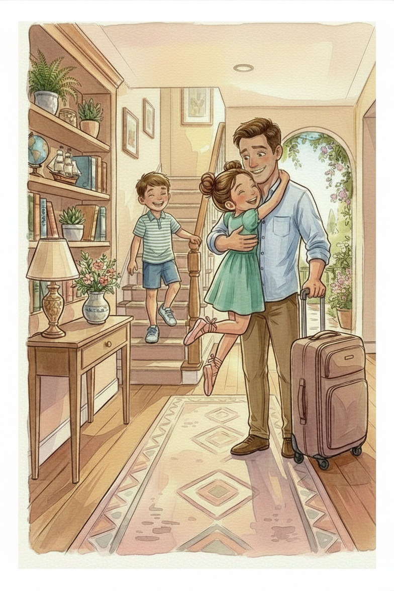 Ilustración interior del libro: el papá llega de viaje y sus hijos corren a abrazarlo en el recibidor.