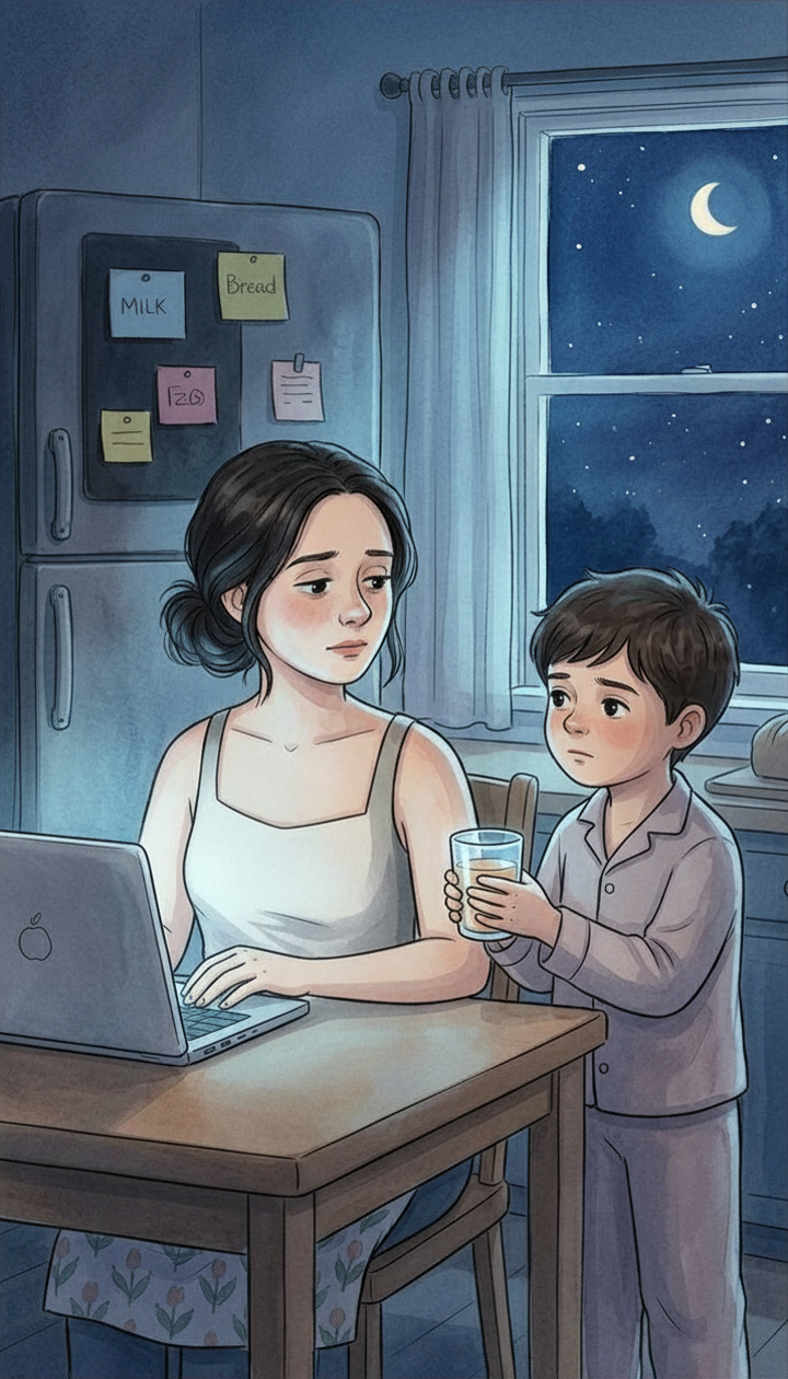 Ilustración interior del libro: de noche, una madre trabaja con el ordenador mientras su hijo la acompaña con un vaso de leche.